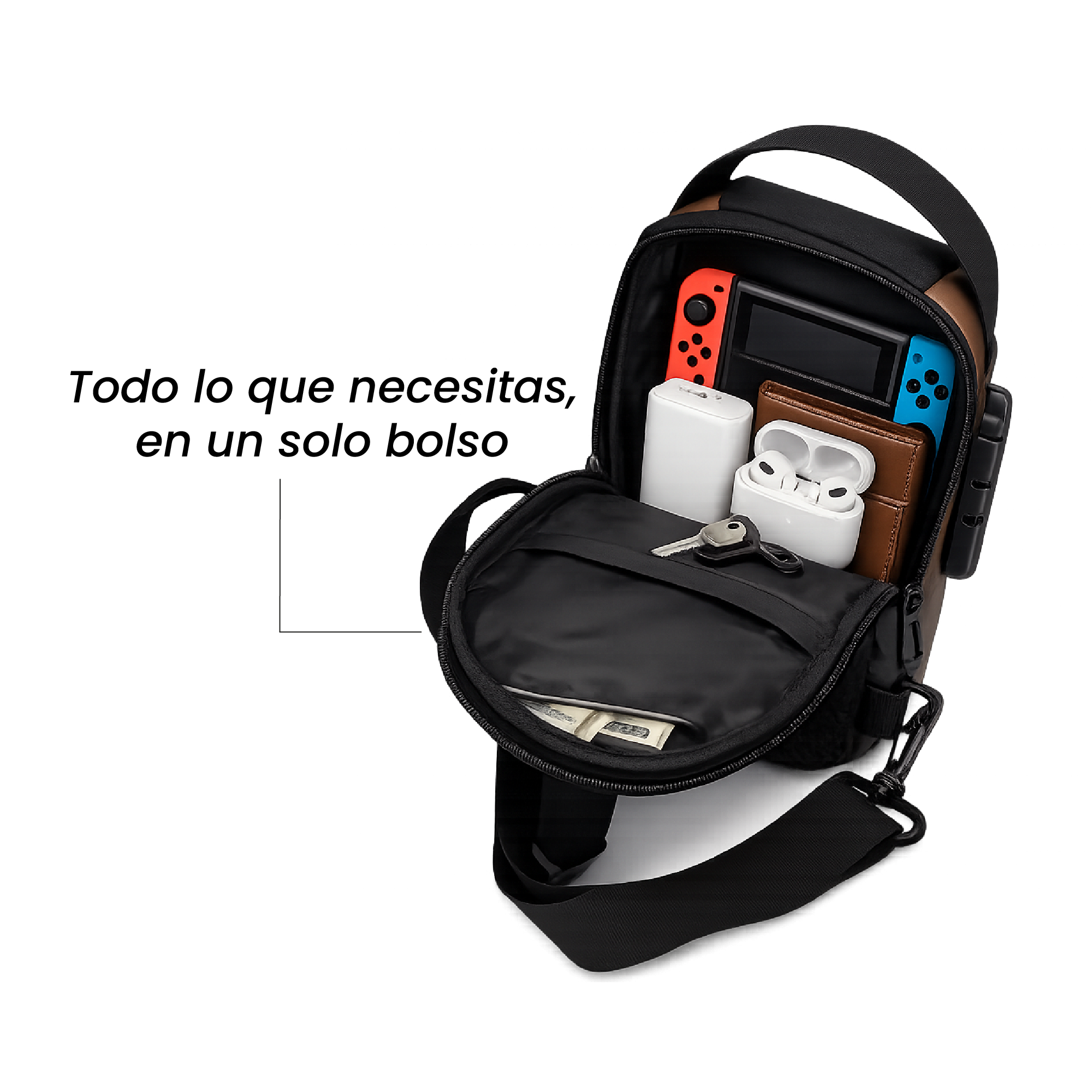 Vista 7 de Bolso Mini USB Cargador Hombre Antirrobo - COLOR: NEGRO
